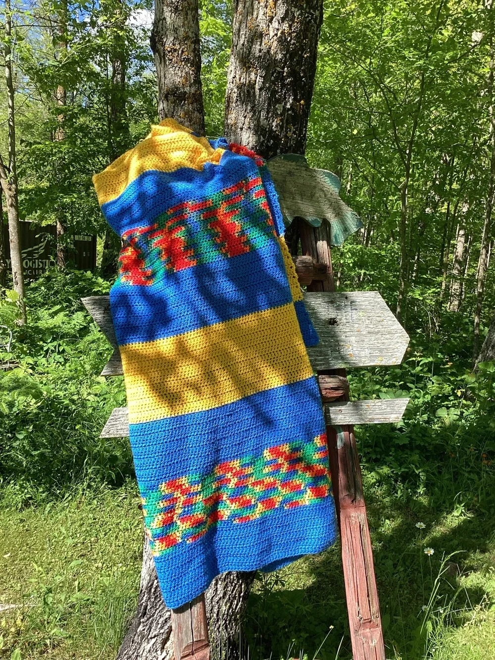 🦋 CROCHETED VINTAGE BLANKET WHIMSICAL COLORS THROW Hand Made 51” X 79”